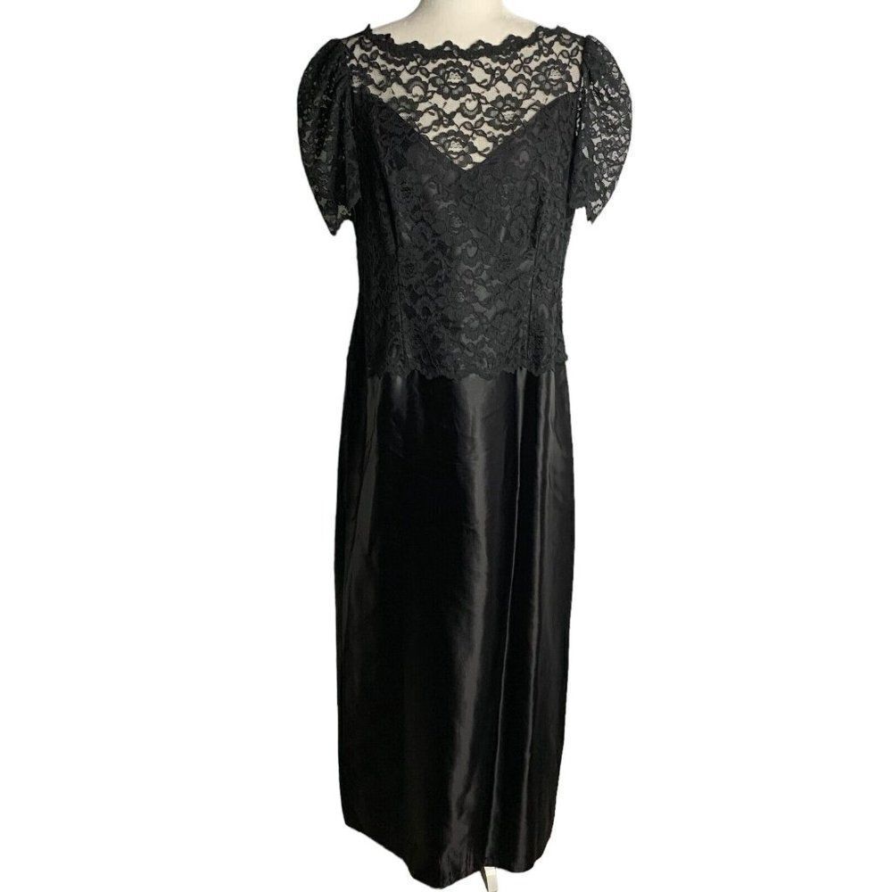 Vintage 80s Satin Lace Sweetheart Formal Dress L Black Short Sleeve Gothic